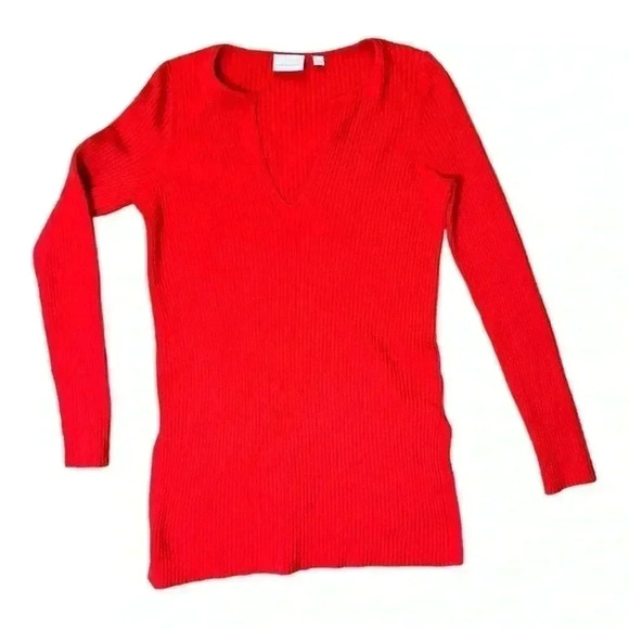 Anthropologie ett:twa Sweater Ribbed Red Merino Wool V-Neck XS - Picture 2 of 7